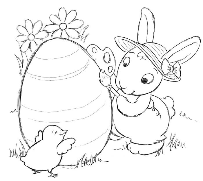 Çocuklar için boyaması kolay Paskalya yumurtası boyama örneği, tavşan ve tavukla basmak için eğlenceli illüstrasyon