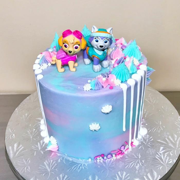 Figurice Paw Patrol, modra torta, rojstnodnevna torta za dekleta, modro-lila glazura, zimska risba rojstnodnevne torte