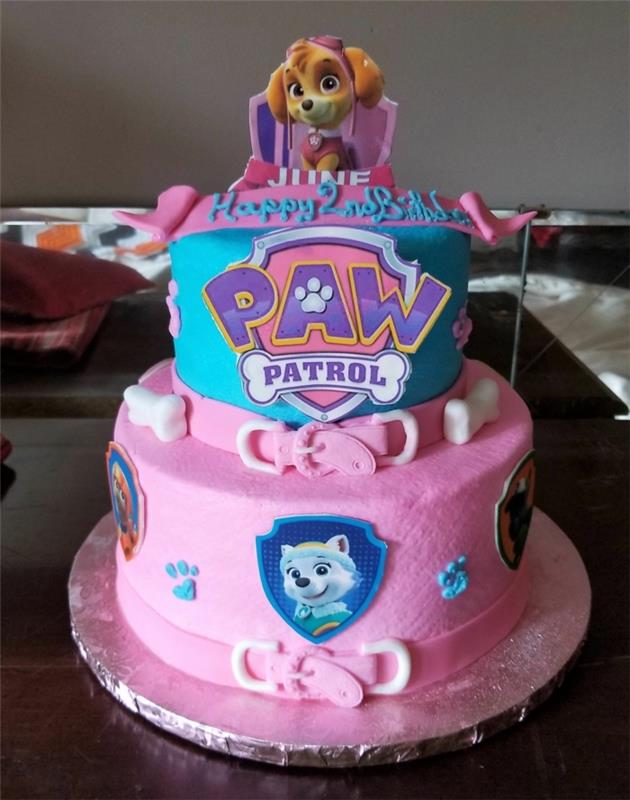 roza in modra torta, figurica paw patrol, torta za 2 leti, dizajn torte v roza in modri barvi, figurica psa paw patrol