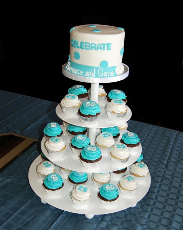 puošnus balto pyrago stovas, balti ir mėlyni matiniai keksiukai, individualus gimtadienio tortas