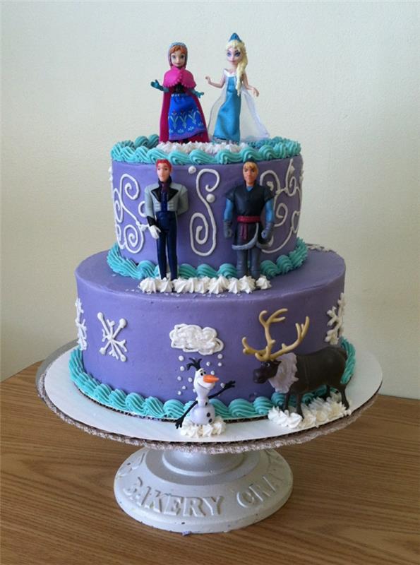 Zamrznjena torta-fotografija-na-torta-elsa-in-ana-vijolična-sladkorna pasta-figurica