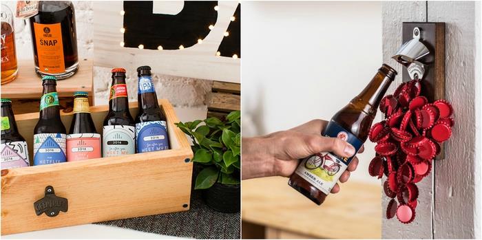 vyro dovanų idėja tiems, kurie vertina alų, dėžę alaus alaus ir sieninį butelių atidarytuvą