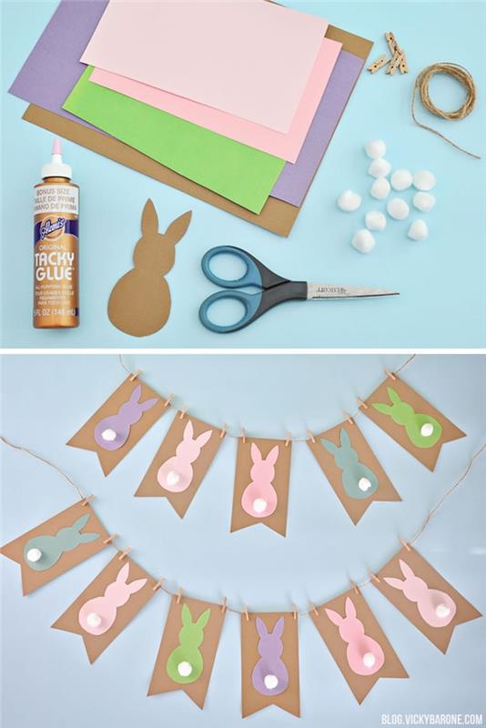 papirna venec iz zajčka z repom iz belega pompona, pisane silhuete zajčka, velikonočna dekoracija DIY