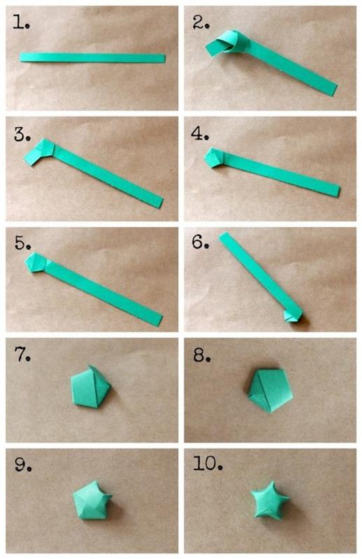 origami-popieriaus-girlianda-mažos-žalios-žvaigždės-popieriaus lankstymo-technikos pamoka
