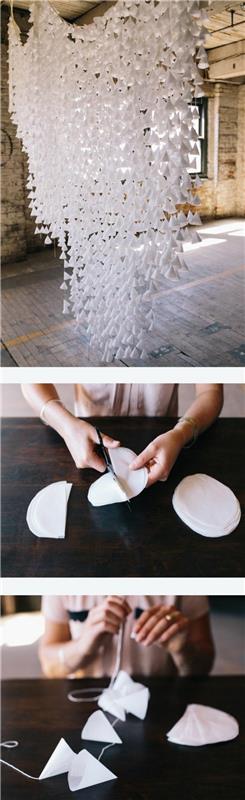popieriaus girlianda-paprasta-padaryti mažus popierinius kūgius, surištus su virvele-gražų vestuvių girliandos pavyzdį