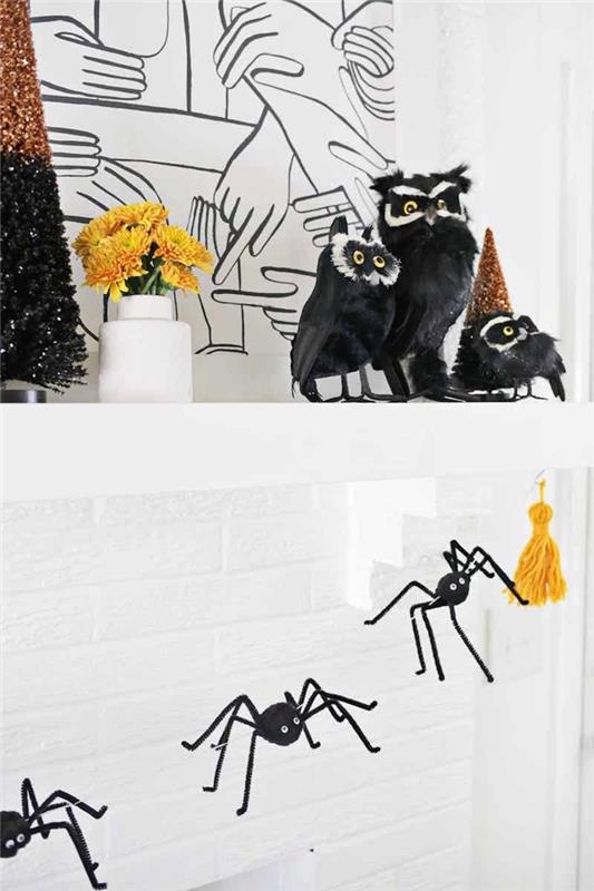 „Pasidaryk pats“ Helovino girlianda juodos vorų figūrėlės verpalų kutai garstyčių geltonos vilnos baisi pelėdos figūrėlė