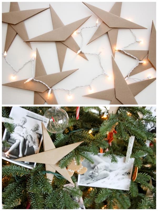 tradicinė Kalėdų eglutės puošmena iš šviesos šviesos girliandos ir didelių kraftpopieriaus žvaigždžių, sulankstytų rankomis, kaip lengvai pasidaryti origami Kalėdų žvaigždę