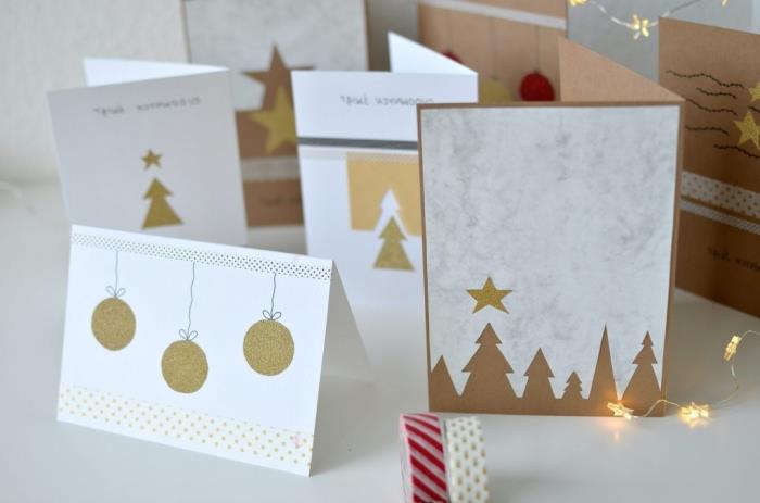 güzel DIY kart şablonları, altın kağıt Noel süsleri ile beyaz ve altın renklerde şık bir Noel tebrik kartı örneği