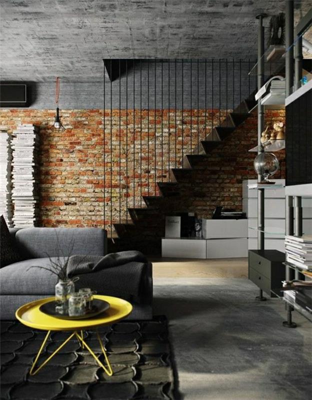 plytų sienų danga, skirta pramoninio stiliaus svetainei-pilka-sofa-geltona-stalas-pakeistas