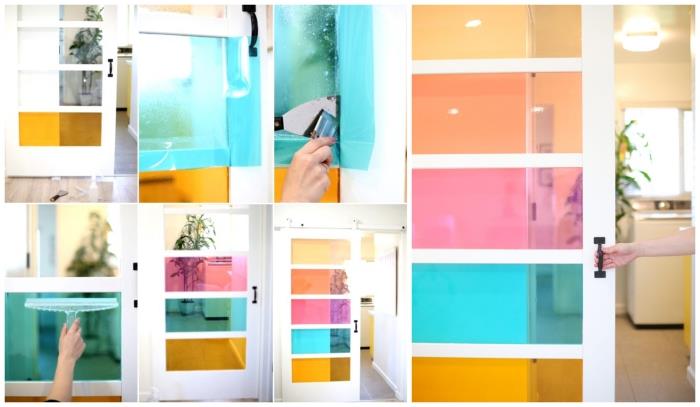 durų renovacija su spalvotais langais, stumdomomis durimis, spalvotais akcentais geltona, rožinė ir mėlyna