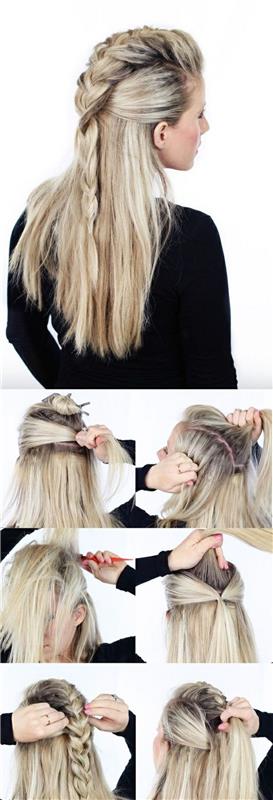 korak za korakom, diy tutorial, updo pričeske za maturantski ples, blond lasje, pol gor, pol dol, frizura v pletenici