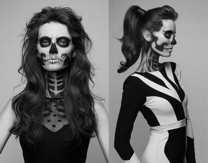 moteriškas Helovino kostiumas, elegantiška nespalvota suknelė, nespalvoto veido skeleto bruožai, siaubingas grafinis dizainas
