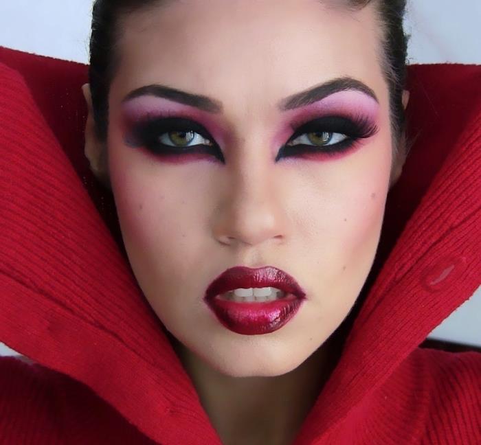 Kaip padaryti sėkmingą vampyrų kostiumą moterims, vampyro makiažo idėja su purpuriniais šešėliais ir juodu akių pieštuku