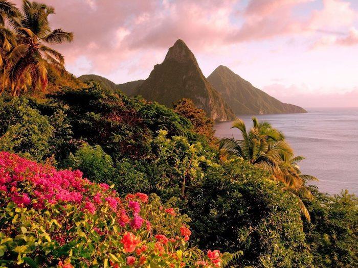 Sent Lusija Karibai, gėlės ir kalnai prie Karibų jūros