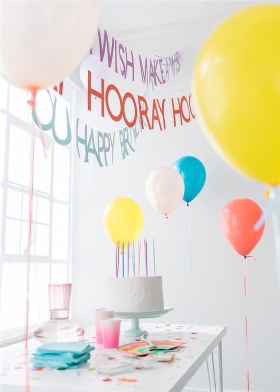 18 -letna dekoracija za rojstni dan, 18 -letna dekoracija mize za rojstni dan, kako okrasiti, balone in girlande s frazo hura