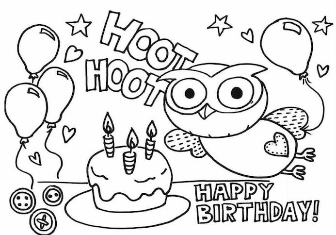 Pobarvanka sove, slika humorja za rojstni dan, risba za rojstni dan, dekoracija torte in balonov