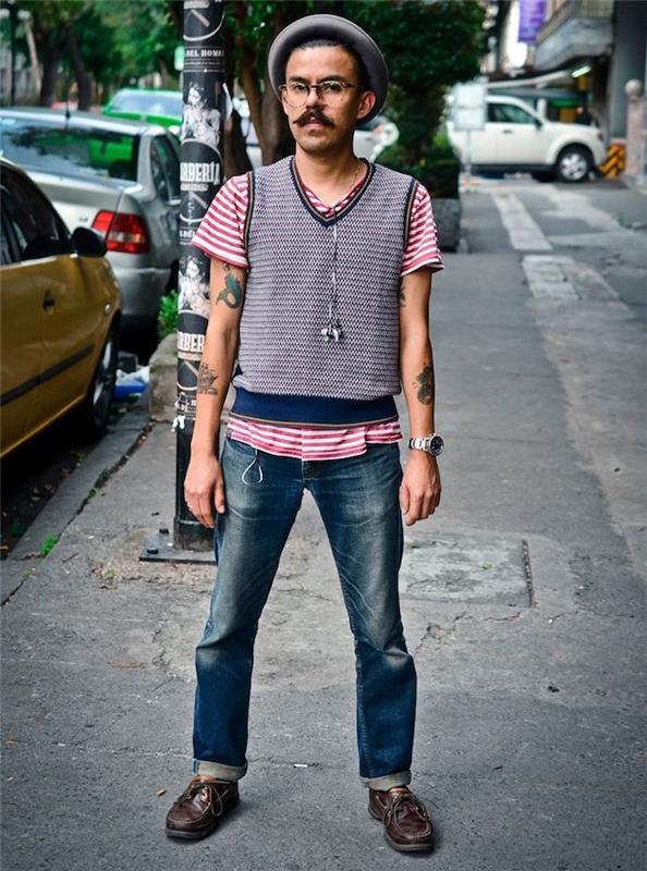 hipster-look-latino-brez rokavov-pulover-vintage-klobuk-okrogle-tetovaže-brki