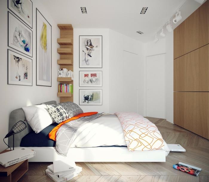 modernus medžio ir baltos spalvos miegamojo dekoras, lova su platforma, silkių grindys, balti dažai, medinė lentyna
