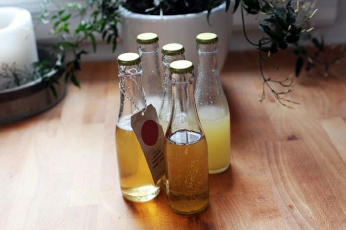 geltoni naminiai kokteiliai, skaidraus stiklo buteliai, su etikete, ant medinių grindų, gėlių vazonai fone