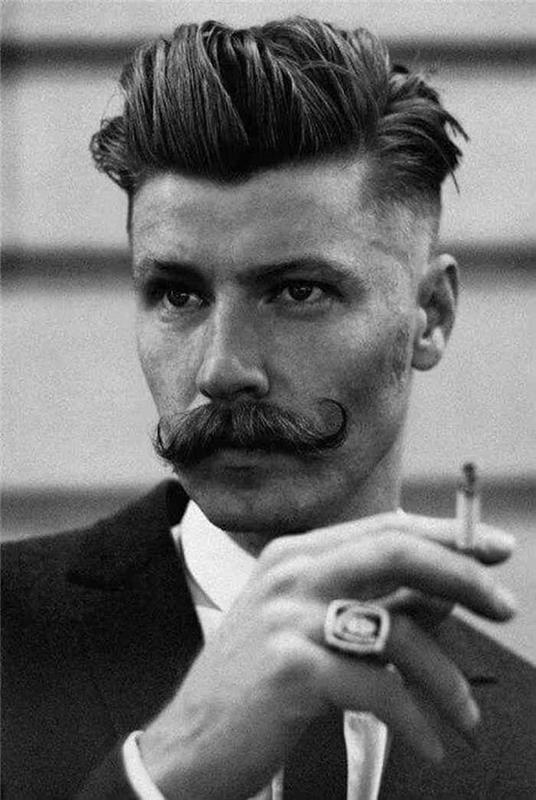 vyras su ūsų kirpimo barzda hipsteris dėvi barzdą pompadour cut vintage hipster 20s