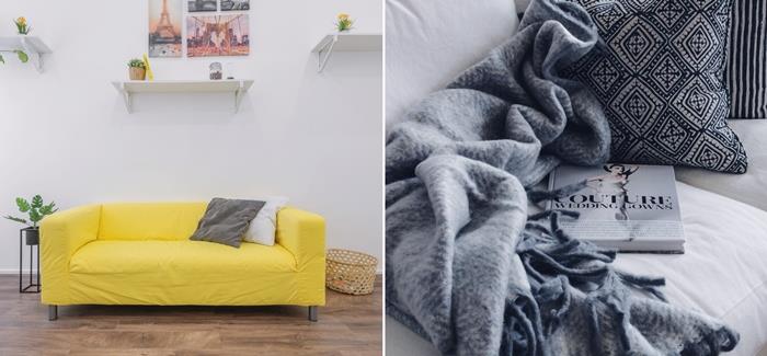 sarı kanepe örtüsü modern iç dekorasyon minimalist oturma odası ahşap parke mobilya büyük saçaklar atar