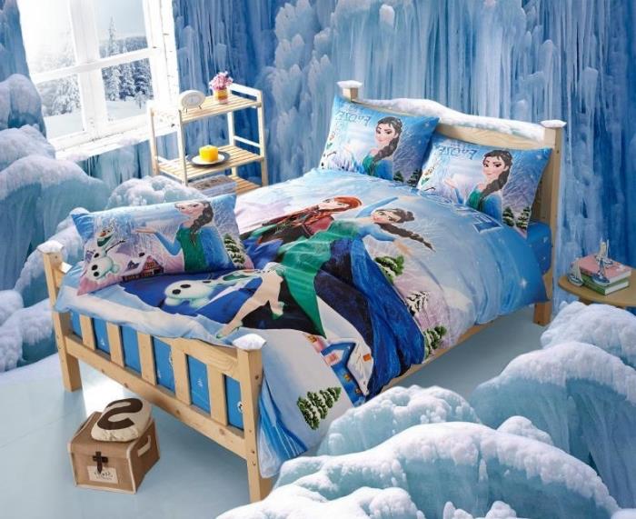 kar kraliçesi yatak, hafif ahşap çerçeveli küçük çocuk yatak odası yatağı, 3D buz tasarım duvar kağıdı duvar dekorasyonu