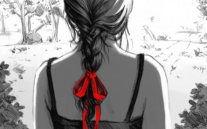 kırmızı fiyonk, uzun örgülü saç, siyah beyaz çizim, anime kız kroki, ağaçlar ve çalılarla çevrili