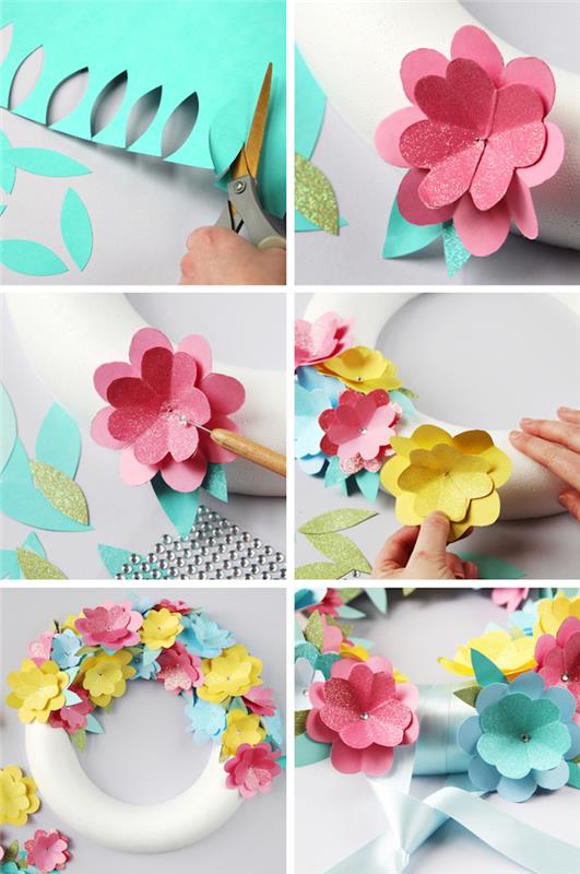 renkli kağıttan bir bahar çiçeği çelengi yapma eğitimi, yetişkinler için kolay ve hızlı kendin yap
