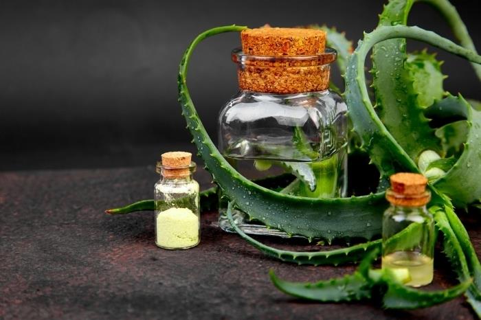 Aloe vera yağı şişede ev spa tedavisi doğal ürünler cam kap kapağı