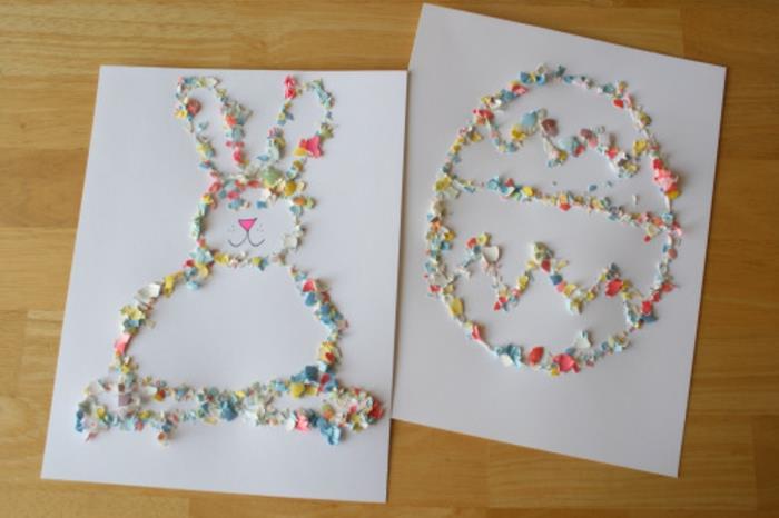 bir anaokulu manuel etkinliği örneği, yumurta kabuğu, paskalya tavşanı, paskalya yumurtası parçaları kullanılarak yapılan çizimler