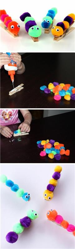 çocuklar için kolay ve ilginç DIY, ahşap bir mandal üzerine yapıştırılmış çok renkli ponponlardan yapılmış bir tırtıl, öğretici