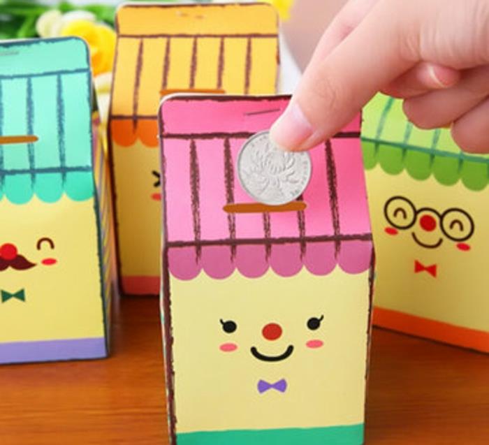 kako narediti prašičjo banko, original DIY, personalizirana škatla za mleko, pisani snežaki, reža, vstavite kovance