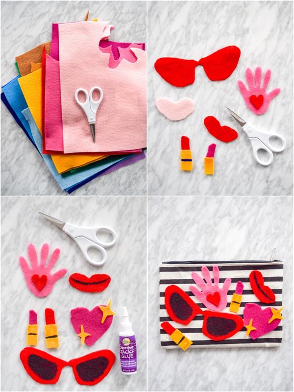 Motinos dienos dovanos idėja pasigaminti pačiam, gana individualizuota dryžuota pieštukų dėžutė su mergaitiškomis veltinėmis jaustukais