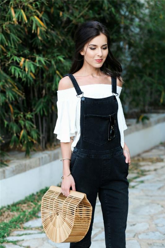 Cool idea outfit ženski kombinezon denim kombinezon trendy gola ramena črni kombinezon lesena torbica