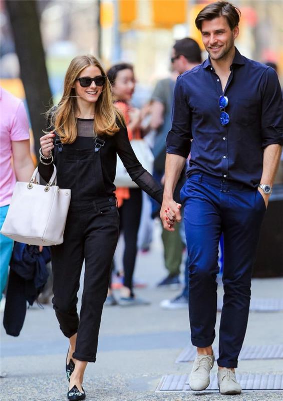 Kombinezonų šortų apranga su kombinezonu vasaros pavasario apranga Olivia Palermo ir jos vyras