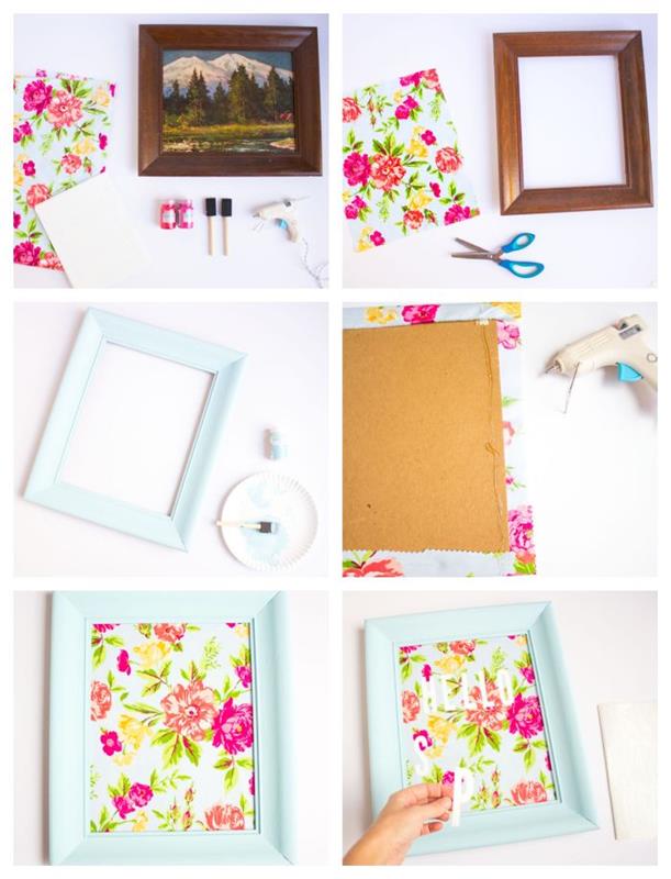 ideja, kako narediti okvir za slikanje z okrasjem tkanine s cvetličnim potiskom, primer spomladanske DIY za odrasle