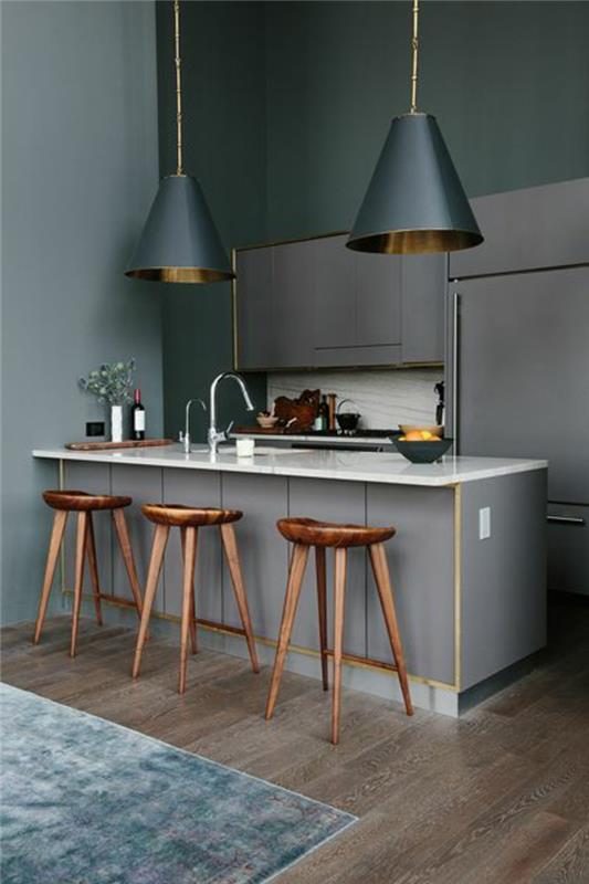 pilka virtuvė-spalva-idėja-mediniai baro kėdės-pilka-virtuvė-liustra-virtuvėje