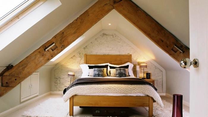 ahşap ve beyaz rustik İskandinav yatak odası, beyaz tuğla duvar, dönüşüm için uygun deco fikir
