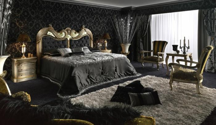 postavitev spalnice, bela preproga, siva posteljna prevleka, zlati svečnik, beli strop