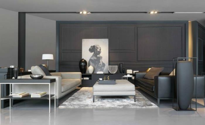 modernios svetainės dekoro idėja, linijinės sofos, šviesiai pilkas kilimas, anglies pilka sienų danga