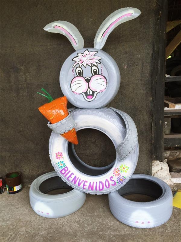kako okrasiti svojo zunanjost z recikliranimi materiali, enostavna rekuperacija DIY deco ideja, model figurice zajčka v pnevmatikah