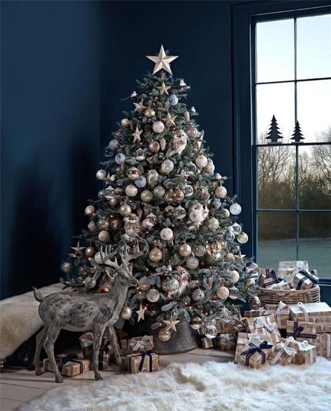 Ideja za okras božičnega drevesa v belem zlatu Božične kroglice in okraski sove dee okras božično drevo narava
