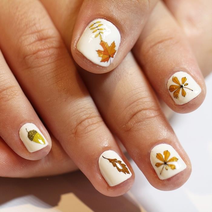 idejo za manikuro enostavno narediti sami z belim osnovnim lakom risba zlate folije nalepke nalepke nail art jesen