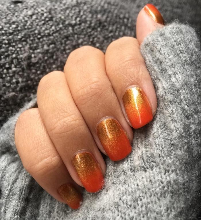 zlato in oranžno ombre design enostavna ideja nail art zlata bleščeča manikura kratki nohti padajo barve manikure