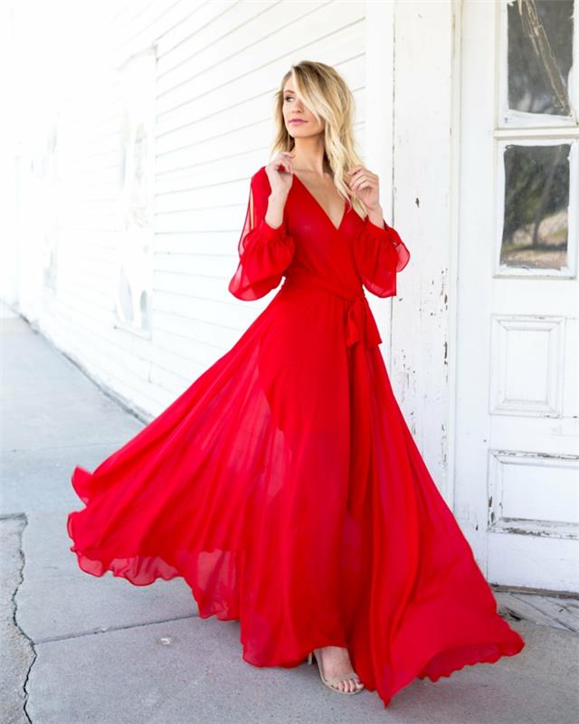 Katera obleka za kakšno priložnost dolga rdeča obleka z dolgimi rokavi