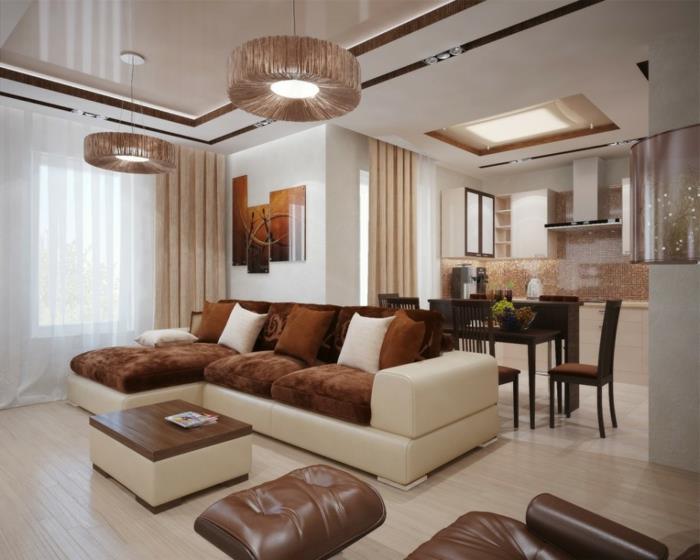 svetainės dekoro idėja, rudi ir balti baldai, medinės lentos, apvalios lubų lempos, odinės grindų pagalvėlės