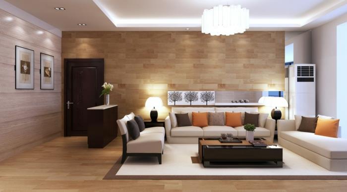 svetainės dekoro idėja, medinės dailylentės, stačiakampis stalas, smėlio spalvos sofos, modernus kilimas