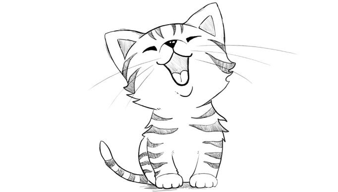 bir kedi çizmeyi öğrenin, kaplan kürklü ve uzun bıyıklı gülümseyen ağzı olan küçük bir kedinin sevimli çizimi örneği