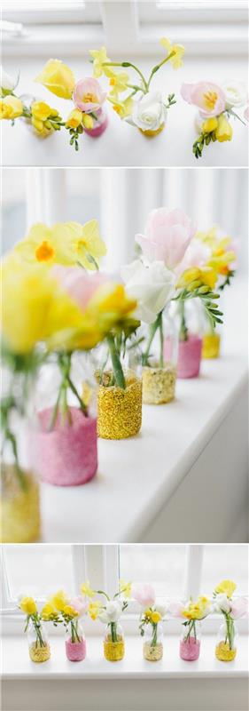 originali idėja mažoms gėlių vazoms ryškiomis spalvomis