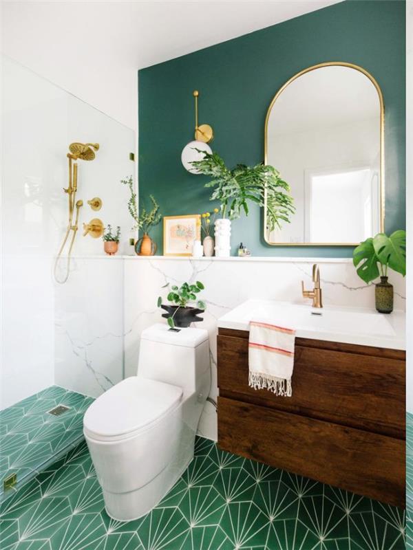 žalių vonios dažų modeliai ir žalios vonios plytelės ant grindų, žalios medienos vonios spintelė